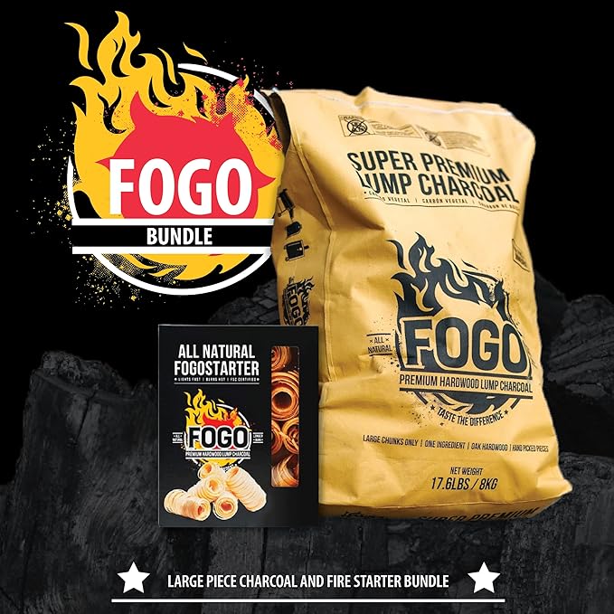 FOGO Super Premium Hardwood Lump Charcoal, Natural Large Sized Lump Charcoal, 17.6 Pound Bag and FOGO Fogostarters Natural Fire Starters, 30 Count Box, Bundle