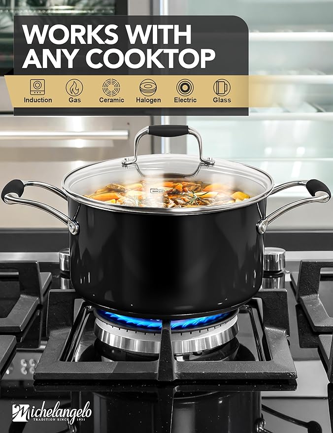 MICHELANGELO Stainless Steel Cooking Pot - 6 Quart Soup Pot with Lid, Non-Toxic Stockpot Induction Compatible, Oven & Dishwasher Safe, Black Exterior