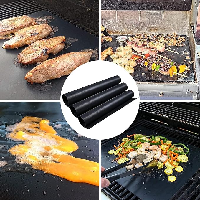 Black Grill Mats Set of 6 - Non-Stick Heavy Duty Teflon Grill Sheets for Charcoal, Gas & Electric Smokers