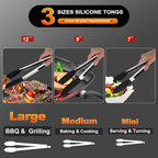 Anaeat Non-Stick Silicone Locking Tong Set of 3 - Stainless Steel 7", 9", 12" Kitchen Food Tongs with Non-Slip Silicone Tips and Grip for Cooking, Baking and BBQ - Heat Resistant up to 480°F (Black)