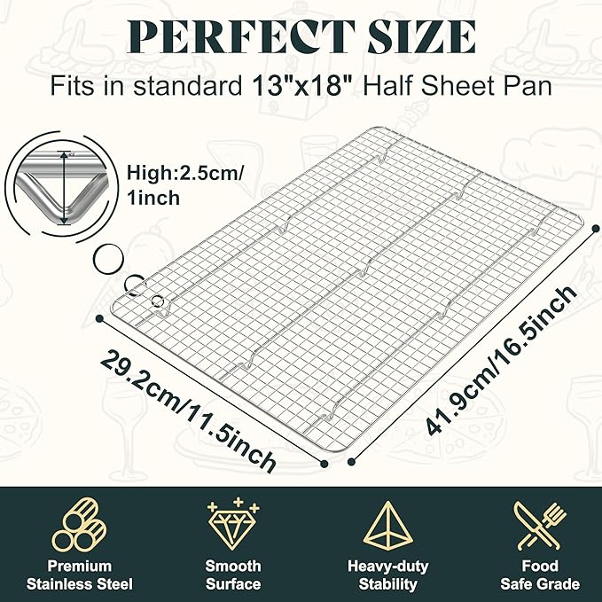 Cooling Racks for Cooking and Baking - 11.5"x16.5" Oven Safe Premium Stainless Steel Heavy Duty Baking Rack Tight-Wire, Fits Half Sheet Pan for Roasting & Grilling & Cooking - 1 Pack - Heavy Duty