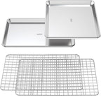 Baker's Secret 4pcs Set, 2x Baking Trays for Oven, 100% Recycled Aluminum, Non Toxic, Bakeware Set Cookie Sheet 13.6" with 2x Stainless Steel Rack Never Rust - The Natural Aluminum Collection