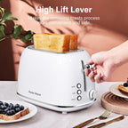 Roter Mond 2 Slice Toaster Retro Stainless Steel with Bagel, Cancel, and Defrost Functions, 6 Bread Shade Settings, Extra Wide Slots and Removable Crumb Tray, White