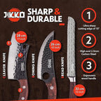 Jikko New Reinforced Carbon Steel Japanese Kitchen Knife Set – DiamondRazor Series – Ultra Sharp Japanese Knife Set & Chef Knife Set with Mahogany Wood Handles – Professional Chef's Knives