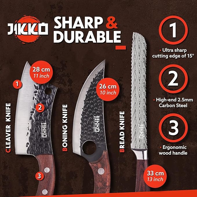 Jikko New Reinforced Carbon Steel Japanese Kitchen Knife Set – DiamondRazor Series – Ultra Sharp Japanese Knife Set & Chef Knife Set with Mahogany Wood Handles – Professional Chef's Knives