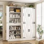 Unikito Kitchen Pantry Cabinet with Farmhouse Barn Doors and Storage Drawer, 8 Adjustable Shelves, Freestanding Tall 71" Cupboard for Dining Room, Living Room, Utility Room, White, 2 Pack