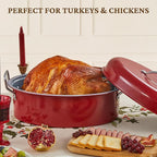BRONYPRO Roasting Pan with Rack, 18-Inch Granite Roaster with Lid, 20 lb Capacity for Turkey, Chicken, and Vegetables, Red