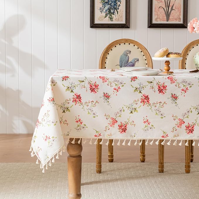 Round Tablecloth Pastoral Style, Waterproof & Stain Resistant Table Cloth Wrinkle Free Table Cover for Dining/Kitchen/Patio, Washable Indoor & Outdoor Use, 55"X55" Red