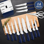 Kitchen Knife Set with Block and Build-In Sharpener,14-Piece German High Carbon Stainless Steel Knives Sharp Blade, Dishwasher Safe (14pcs-blue with white ceramic coating)