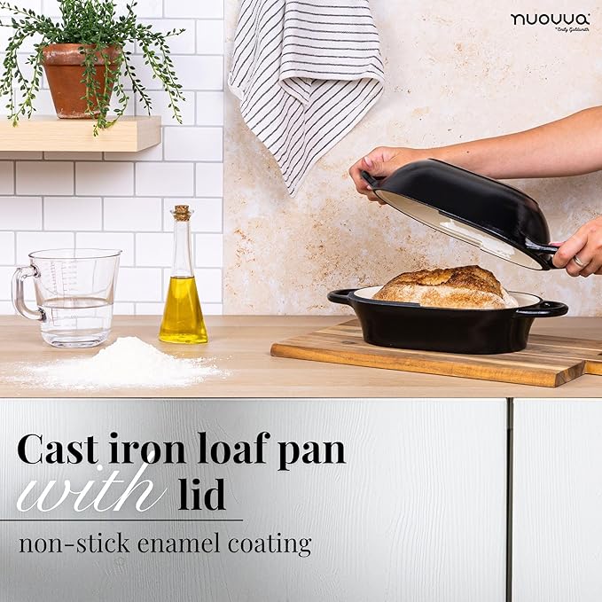 nuovva Dutch Oven For Sourdough Bread Baking – Enamelled Cast Iron Bread Loaf Pot – Oven Safe Non Stick Bread Pot – Rectangular, Black, 24cm x 16cm
