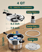 WantJoin Pressure Cooker Stainless Steel 4 Qt, Commercial Stove Top Pressure Cooker Pot Used for Pressure Foodie or Steaming, Compatible with Gas & Induction Cooker