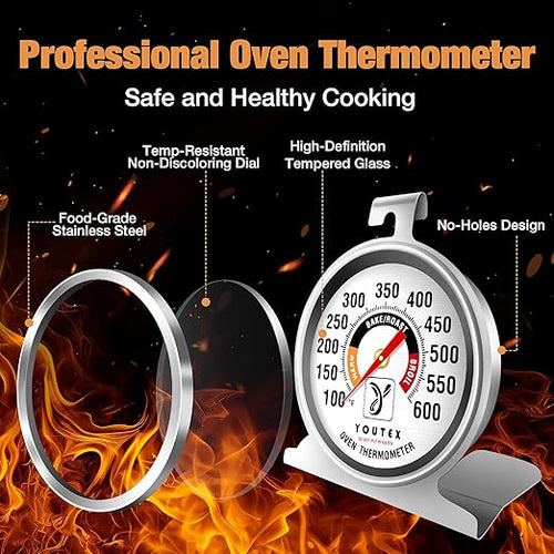 2-Pack Oven Thermometer, Upgraded 100-600°F No-Holes Non-Discoloring Easy-to-Clean for Healthier Cooking, Easy-to-Read with Large Bright Numbers for Gas & Electric Ovens, Grills, and Smokers