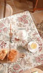 patdrea Designer Pink Linen Table Cloth for Rectangle Table,Vintage Floral with Birds Pattern Decorative Tablcloth,French Table Cover for Kitchen Dining,Thanksgiving,Christmas,55"x71"-Kulom a