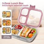 Stainless Steel Lunch Box, 3 Compartments Metal Bento Box for Kids Adults, Leak-Proof Lunch Box for School Office, Dishwasher Safe, BPA-Free, Tritan Lid, Pink