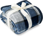 PAVILIA Blue Navy Plaid Sherpa Throw Blanket for Couch Twin, Plush Flannel Fleece, Soft Fuzzy Cabin for Sofa Bed, Warm Cozy Winter Gift, 60x80
