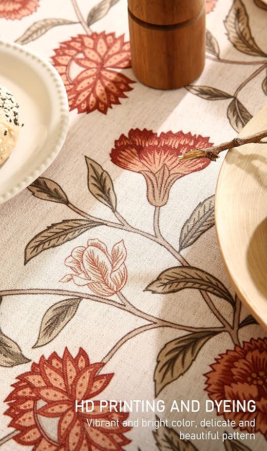 ISAENNE Designer French Small Rectangle Tablecloth,Linen Orange Floral Pattern Indoor Table Cloth,Wrinkle Resistant Decor Table Cloth for Dining Thanksgiving Kitchen Party,55"*71"-Alvarado D