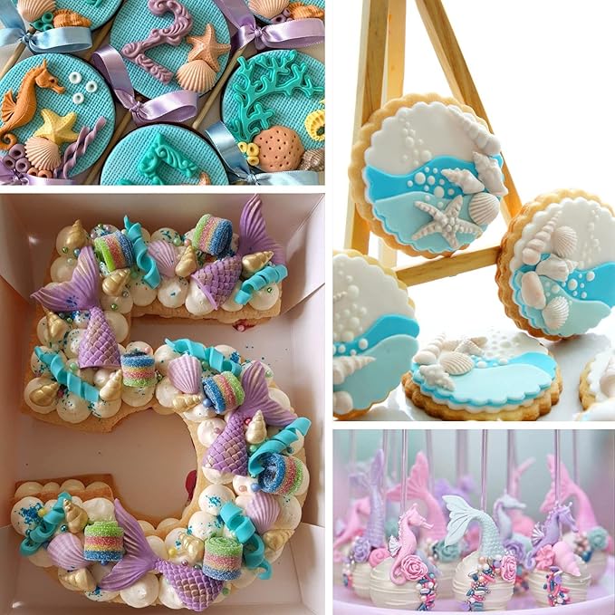Sakolla 4 Pcs Marine Theme Silicone Fondant Molds, Mermaid Tail Seashell Conch Starfish Shape Silicone Molds for Cake Decoration, Chocolate, clay, Crafting