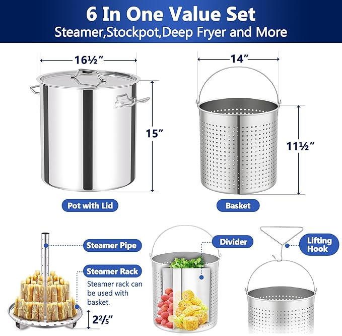 ARC 52QT Stainless Steel Stockpot for Crab Seafood Boiler Crawfish Pot with Basket and Steamer Rack, Outdoor Cooking Pot for Lobster Shrimp Boiling, Turkey Fryer and Tamales Steamer, 13 Gal