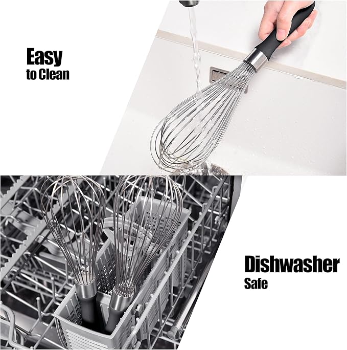 18/8 Stainless Steel Balloon Whisk, Doosu Kitchen Whisk for Cooking Handheld Egg Beater with Rust-Proof Sturdy Wires & Non-Slip Silicone Handle for Beating, Stirring, Blending (12 Wires, Black)