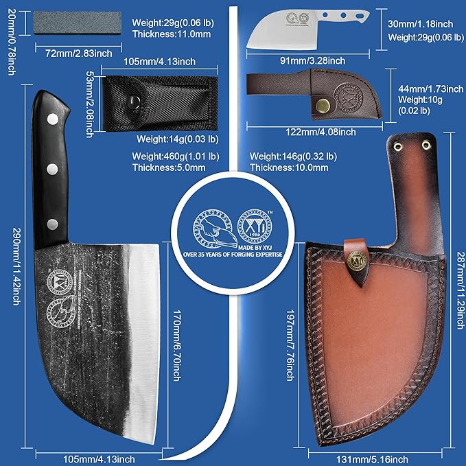 XYJ Authentic Since 1986,Outstanding Ancient Forging,6.7 Inch Full Tang,Serbian Chefs knife,Chef Meat Cleaver,Kitchen Knives,Set with Leather Sheath,Take Carrying,Butcher