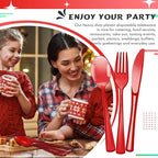 Minatee 150 Pieces Disposable Cutlery Set Plastic Silverware Heavy Duty Utensil Sets 50 Forks 50 Knives 50 Spoons for Home Office School Party Picnics Restaurant Outdoor Events(Red)