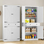 Pantry Organizers and Storage Cabinet, 70” Barn Door White Kitchen Cabinet with Drawers and Adjustable Shelf, Tall Pantry for Kitchen, Dining Room, Living Room Bedroom