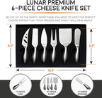 Lunar 6-Piece Cheese Knife Set - Premium Stainless Steel Cheese Knives Collection - Charcuterie Board Accessories Gift Ready w/ 15 Festive Recipes