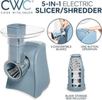 COOK WITH COLOR 5-in-1 Electric Slicer, 150W Food Prep Machine – Parmesan Shredder, Fine & Coarse Graters, Potato Grater, Vegetable Slicer, Compact Design for Bowl Prep, Blue/Grey