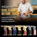 Dual Flame Butane Torch Gun - Refillable Luxury Hand Held Mini Blow Torch for Cooking, Creme Brulee, Soldering, Welding, & Resin Art - Adjustable Flame with Ignition Lock - Steel Blue by inZaynity