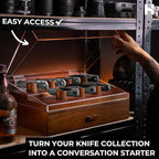 Premium Pocket Knife Display Case for 30 Knives - Large Wooden Knife Organizer, Storage & Holder with Unique Pillars, Hinged Cover, Drawer - Knife Collection Box - Handcrafted for Men