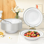 BESTVIP 100 Pack Plastic Disposable Soup Bowls, 12 oz White Dessert Bowls with Silver Rim, Heavy-duty Salad Bowl for Party, Wedding, Christmas, Thanksgiving, Dinner, Catering