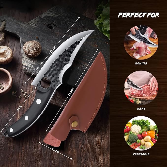 Huusk Japan Knife Upgraded Version, Fillet Caveman Viking Knives Handmade Butcher Boning Knife for Meat Cutting Kitchen Knife with Sheath for Home or Camping Outdoor, Gift for Fathers