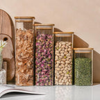 56oz Rectangle Airtight Glass Storage Containers with Bamboo Lids (Set of 4), Square Food Storage Jar, Pantry Organizers for Oats, Cereal, Pasta and Coffee beans (‎with Black Lable)