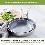 GreenPan Valencia Pro Tri-Ply Stainless Steel 8” 10” & 12” Frying Pan Skillet Set, Ceramic Nonstick PFAS-Free Coating, Multi Clad Cookware, Induction, Dishwasher Oven and Broiler Safe