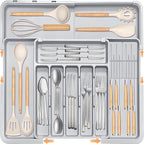 Silverware Drawer Organizer for Kitchen, Adjustable Utensil Drawer Organizer with 2 Knife Block, BPA Free Flatware and Cutlery Holder, Expandable Plastic Storage for Spoons Forks Knives(Grey)