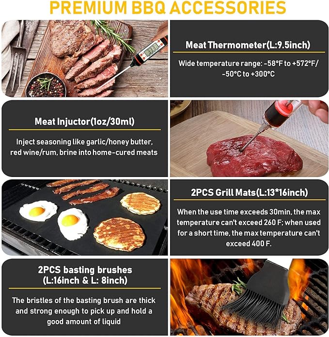 34Pcs Grill Accessories Grilling Gifts for Men, 16 Inches Heavy Duty BBQ Accessories, Stainless Steel BBQ Tools with Thermometer, Grill Mats for Backyard, BBQ Set for Men Women
