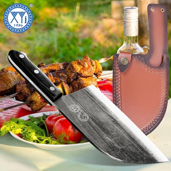 XYJ Authentic Since 1986,Outstanding Ancient Forging, 7.5 Inch Full Tang, Serbian Chefs knife,Chef Meat Cleaver,Kitchen Knives,Set with Leather Sheath,Take Carrying,Butcher