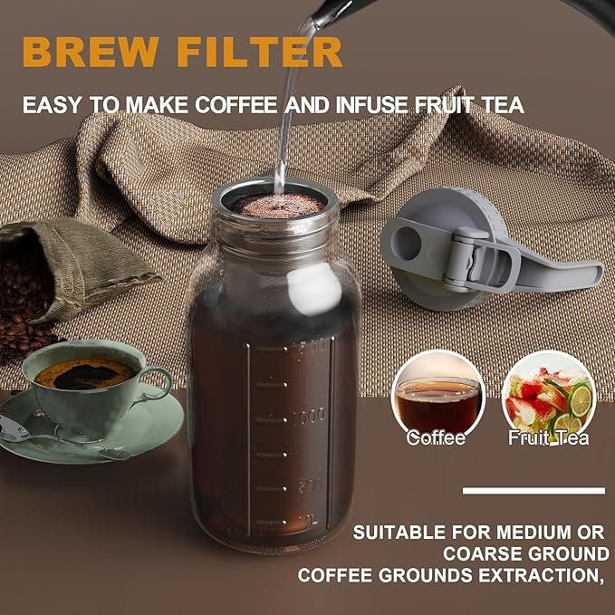 Cold Brew Coffee Maker Jar - 64oz Thick Glass Multipurpose Mason Pitcher Spout Lid with Handle & Stainless Steel Filter for Iced Coffee, Lemonade, Ice Tea, Homemade Fruit Drinks Container