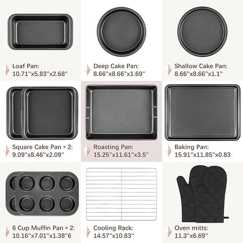 12PCS Nonstick Baking Pans Set - Stackable Bakeware Sets with Wider Grip, Carbon Steel Baking Set Including Cookie Sheets for Baking, Muffin Pan, Loaf Pan, Cake pan, Roasting Pan, Oven Mitts