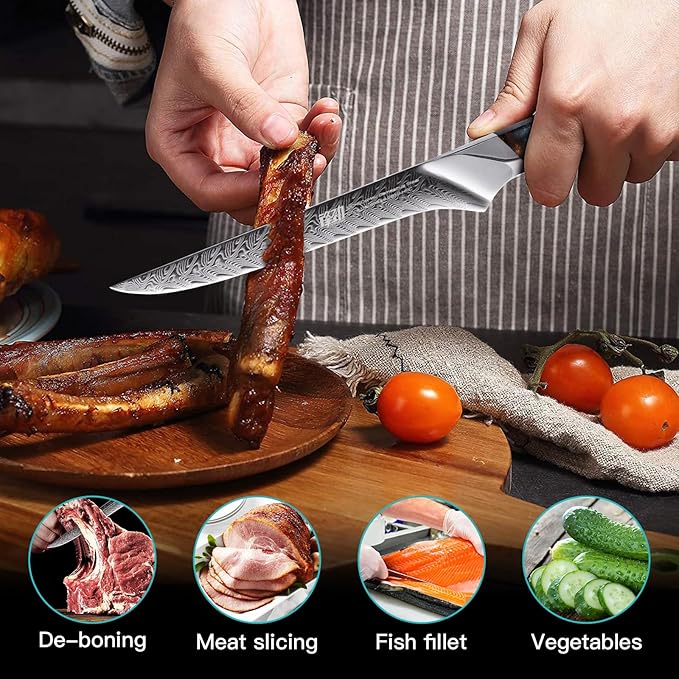 FINDKING Nebula Series Boning Knife, Versatile Deboning Knife, 10Cr15CoMov Damascus Steel Blade, Resin and Figured Sycamore Handle, Full Tang, 5.5 Inch, Blue, for Skinning, Removing Fat, Filleting
