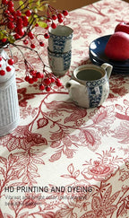 ISAENNE Designer French Linen Long Rectangle Tablecloth,Red Floral Washable Indoor Table Cloth,Durable Home Decor Tablecloths for Dining Thanksgiving Kitchen Party Christmas,63"*94"-Ruyi A
