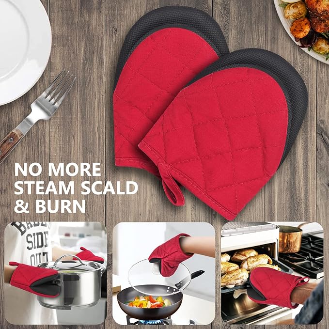 1 Pair Short Oven Mitts, Heat Resistant Silicone Kitchen Mini Oven Mitts for 500 Degrees, Non-Slip Grip Surfaces and Hanging Loop Gloves, Baking Grilling Barbecue Microwave Machine Washable