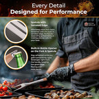 3-Piece BBQ Utensil Set – Premium Stainless Steel Grill Tools with Extra Wide Spatula - Pakka Wood Handles & Leather Hanging Loops (Spatula, Tongs & Fork)