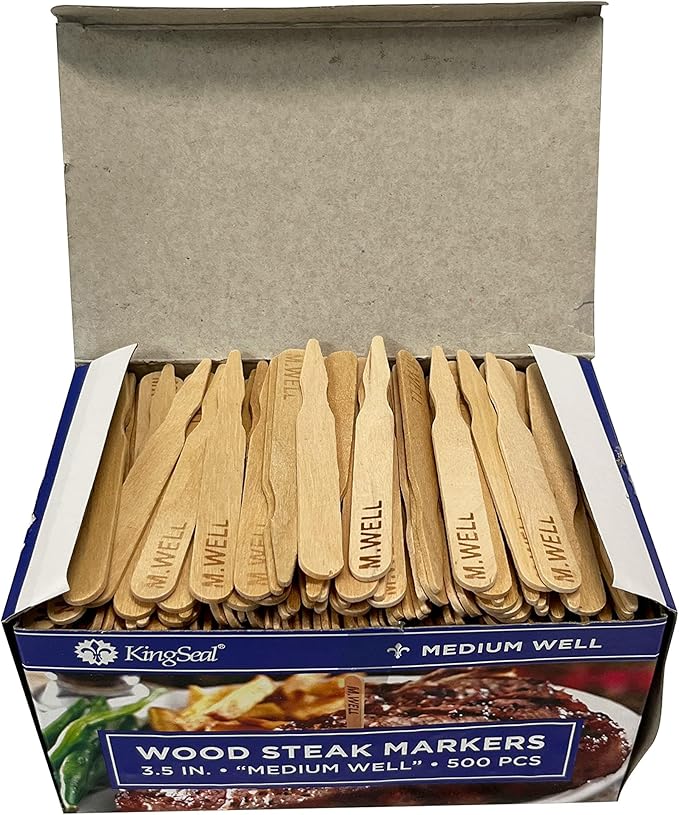 KingSeal 500 Count 3.5 Inch Natural Birch Wood Steak Markers, Heat Stamped, MED Well, Eco-Friendly, Bulk Pack - 500 Count Per Box