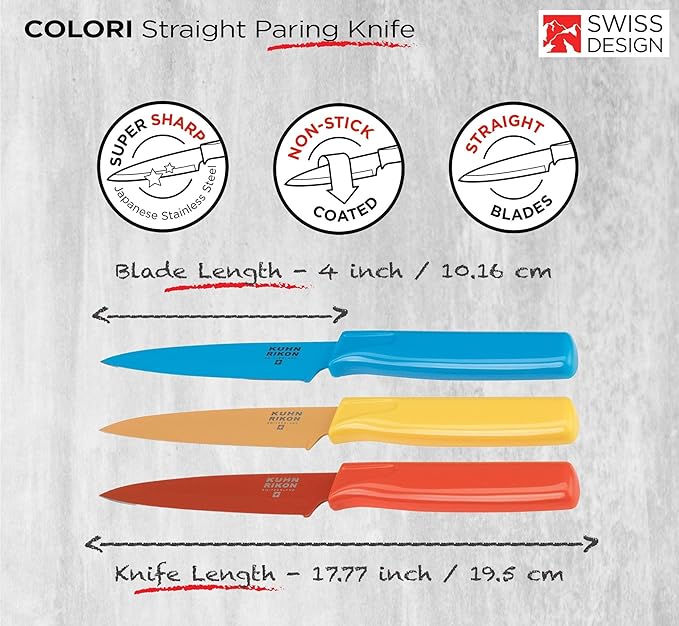 Kuhn Rikon Straight Paring Knife with Safety Sheath, 4 inch/10.16 cm Blade, Red, Yellow & Blue (Pack of 1)