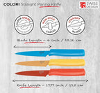 Kuhn Rikon Straight Paring Knife with Safety Sheath, 4 inch/10.16 cm Blade, Red, Yellow & Blue (Pack of 1)