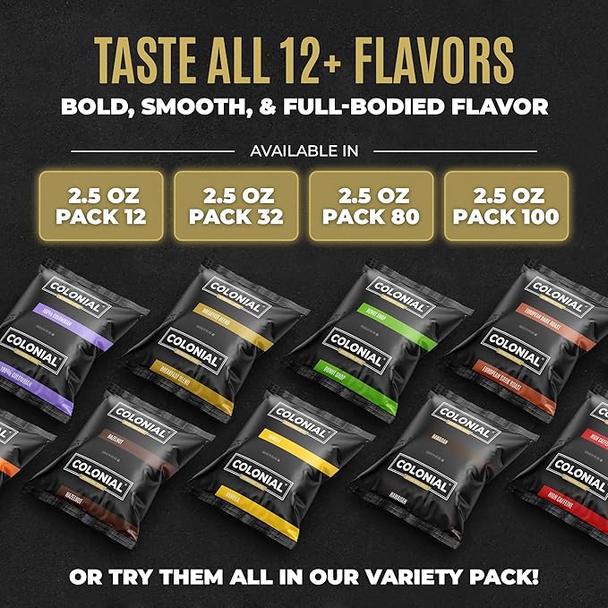 Colonial Coffee 32 Count Single Pot Coffee Packets – Assorted Variety Pack with Medium, Dark, & Decaf Roast Blends | Pre-Measured Frac Packs for 12 Cup Maker | Bulk Ground Gourmet Coffee for Home & Office