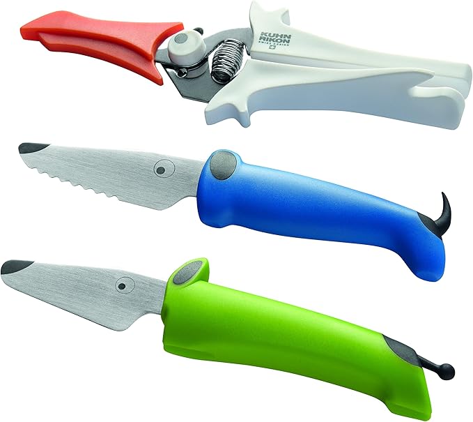 Kuhn Rikon Kinderkitchen® Kids Chef Knife Set With Scissors, 3 Pieces, Green/Blue/White| Cutting Tools Made for Real Cooking | Child Friendly Animal Designs With Hand Guard & Snipper Cover For Safety