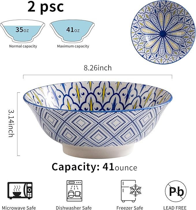 Ceramic Serving Bowls 8 Inch Set of 2, Large Bowls for Pasta Soup Fruit Ramen Cereal, Dinner, Salad, Oatmeal, Microwave & Dishware Safe, Colorful Bohemian Style