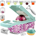 16-in-1 Vegetable Chopper and Slicer with 8 Blades – Veggie Cutter, Dicer, Food Chopper with Container & Lid – Multi-Purpose Kitchen Tool for Easy Meal Prep (Blue)